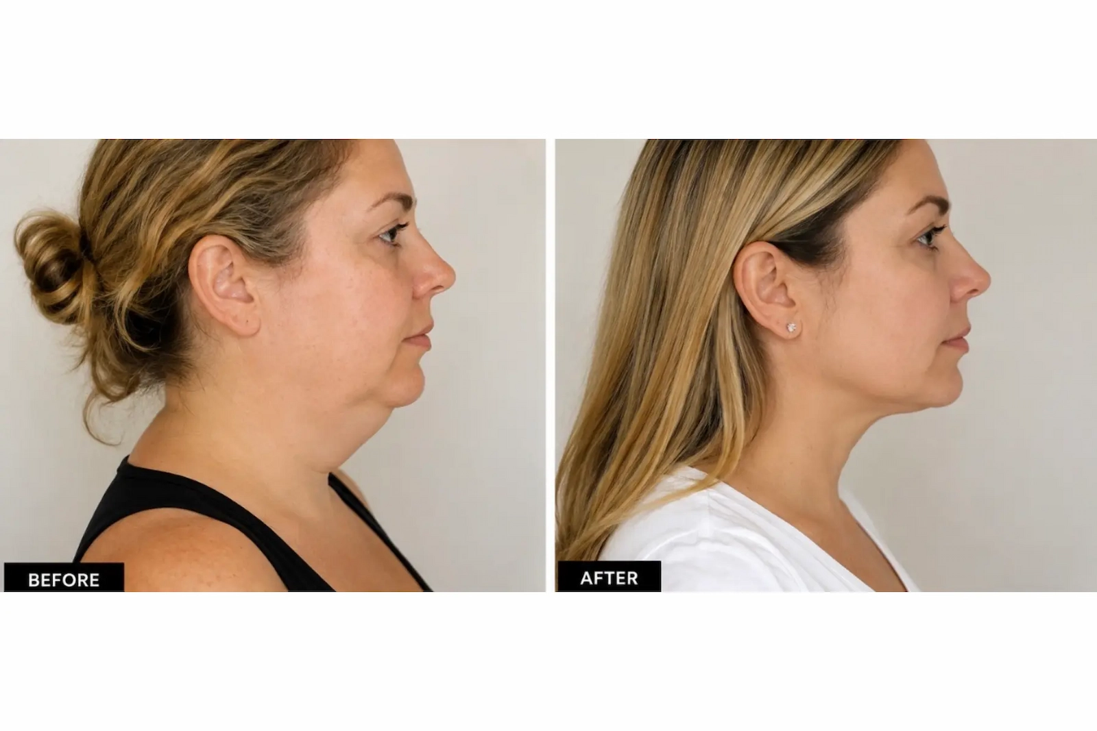 Before and after profile jawline contouring and double chin fat dissolving